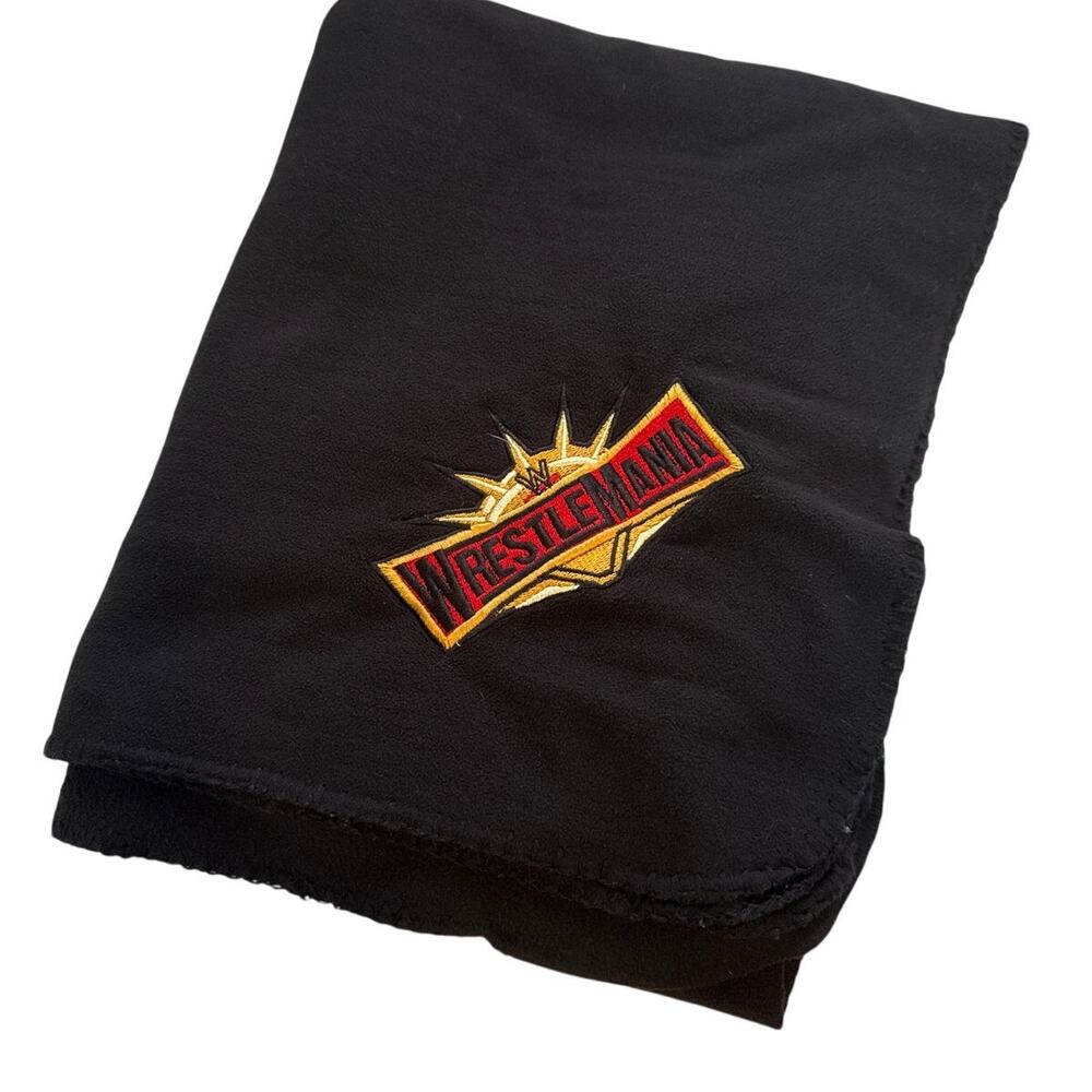 Wrestlemania Black Fleece Throw Blanket Embroidered Red Gold Logo Soft WWE